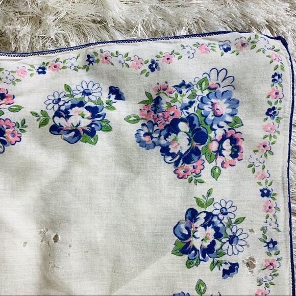 Vintage Handkerchief Floral 60s Cotton Blue Pink - Picture 4 of 6